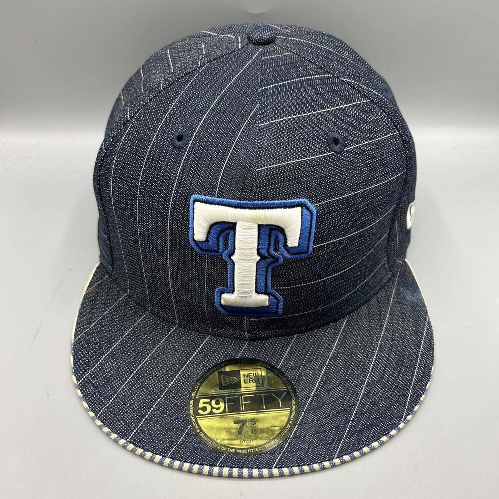 Texas Rangers MLB Hat Men 7 5/8 Navy Striped 59Fifty New Era Fitted Cap Cotton